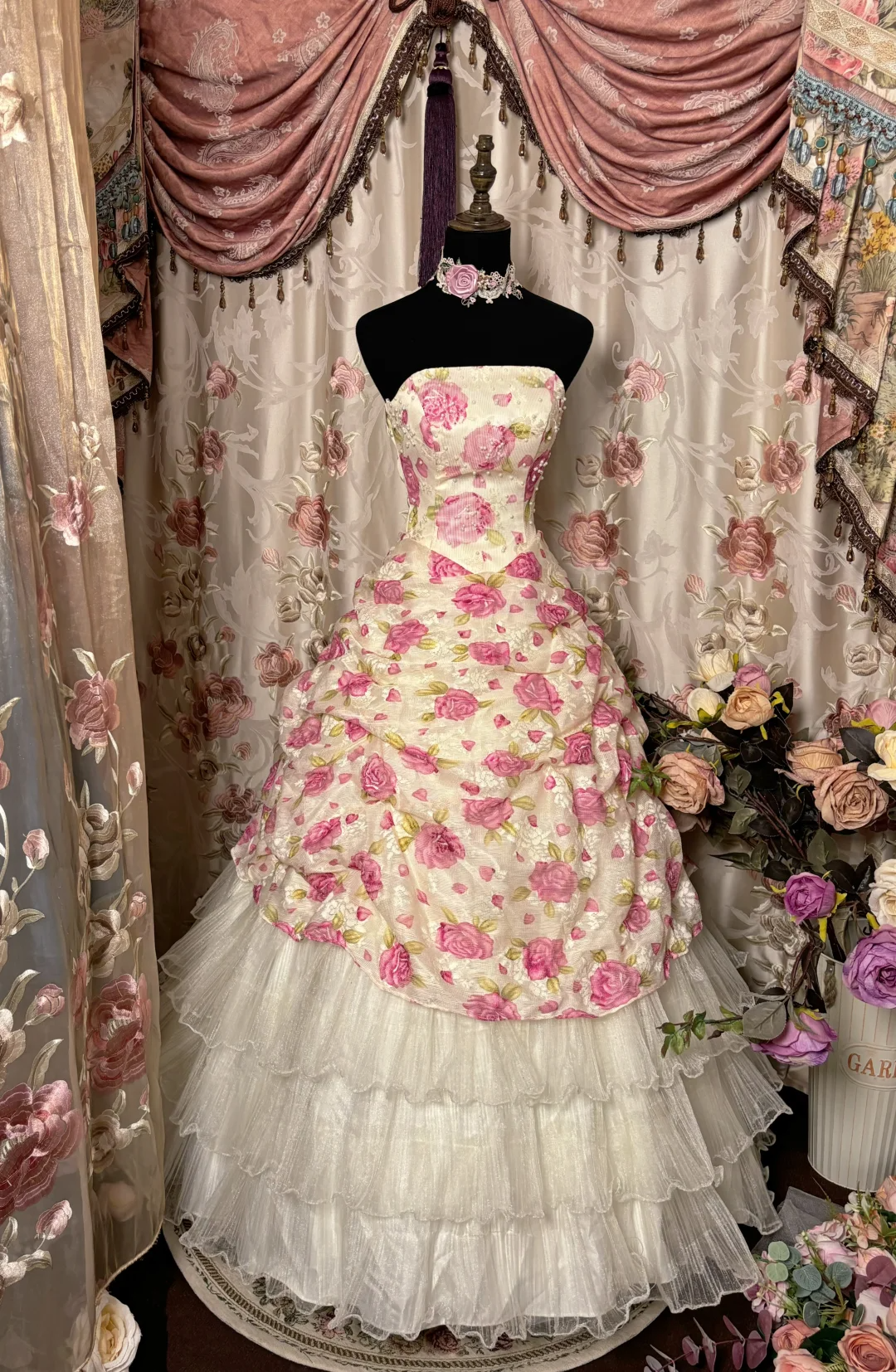 Strapless A-Line Floral Tiered Vintage Long Prom Dress Evening Gown, DP4517