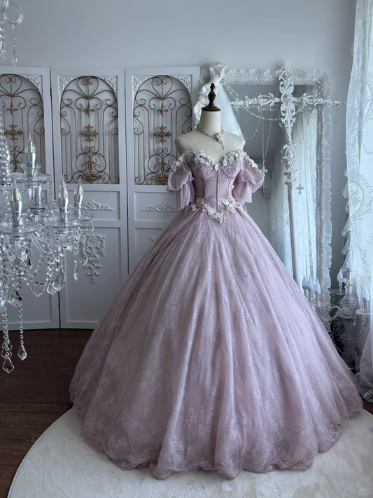 Enchanted Dusty Pink Lace Puff Sleeves Princess Ball Gown DP8301