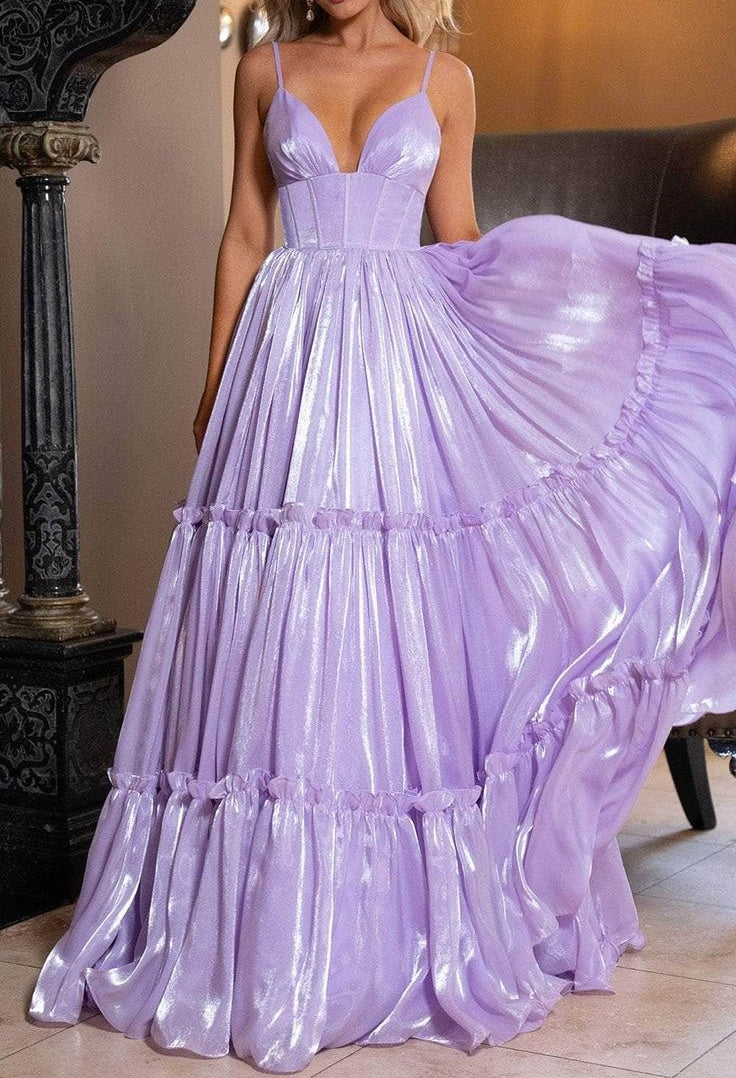 Elegant Shiny Tiered V-Neck Spaghetti Straps Evening Gown Prom Dress DP8163