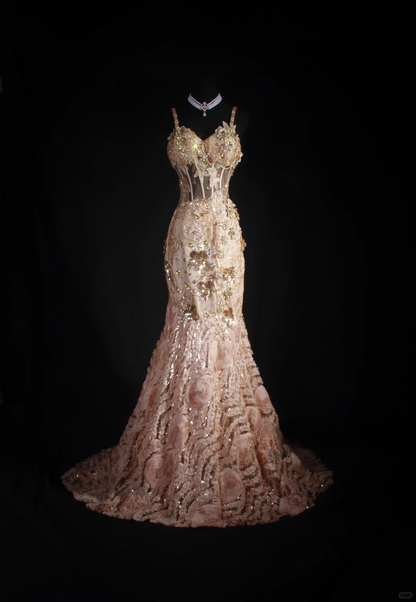 Glamorous Gold Mermaid Spaghetti Strap 3D Floral Sequin Beaded Evening Gown DP7378