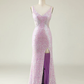 Sparkle Lilac V Neck Backless Long Prom Dress with Slit,DP1071