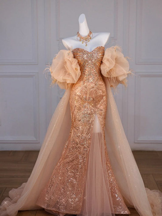 Vintage Glittering Sequin Beaded Prom Dress Sweetheart Mermaid Evening Dress Strapless Party Dress Long Formal Dress DP6861