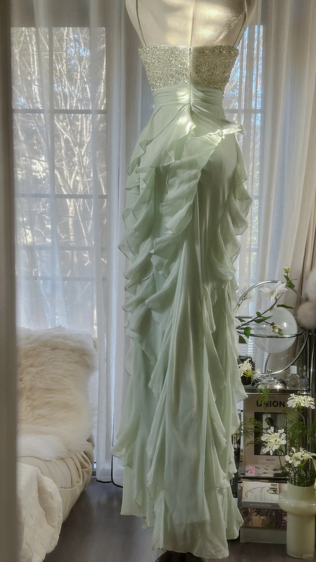 Vintage Light Green Shiny Spaghetti Strap Design Romantic Chiffon Even DSProm Vintage Light Green Shiny Spaghetti Strap Design Romantic Chiffon Even DSProm