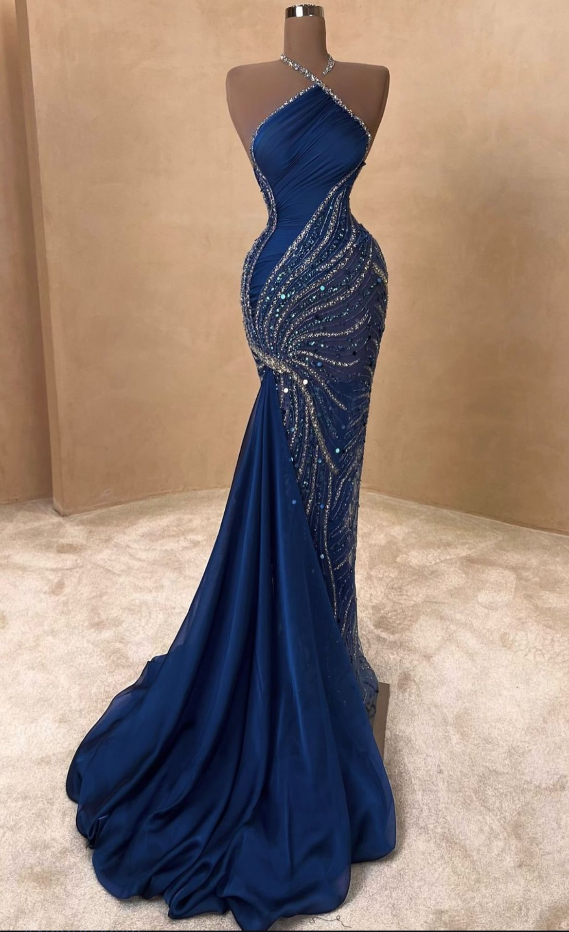 Vintage Navy Blue Halter-Neck Mermaid Beaded Sequin Chiffon Evening Gown DP7394