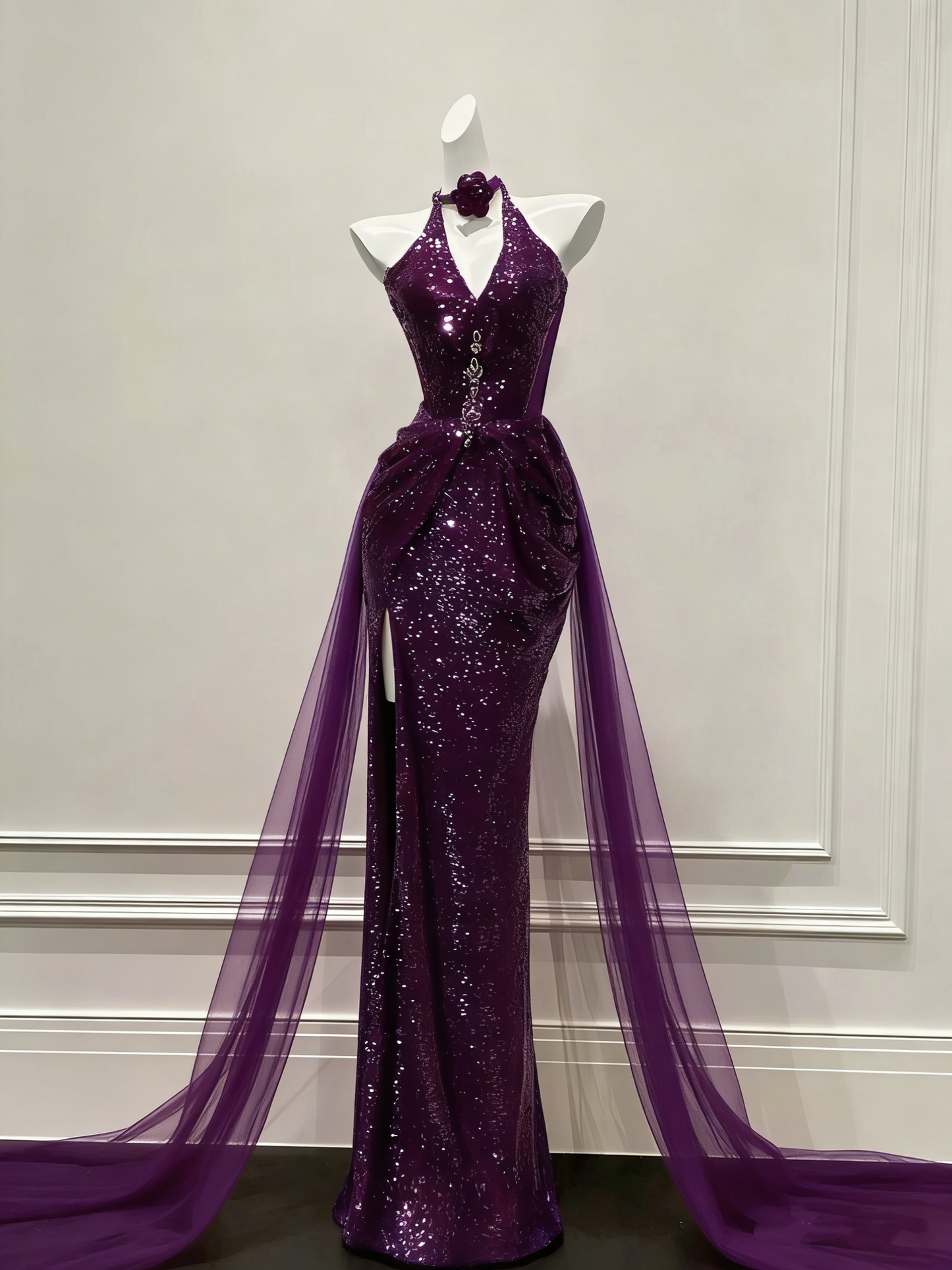 Luxury Sequin Halter Mermaid Evening Gown Formal Prom Dress with Tulle Train DP5622