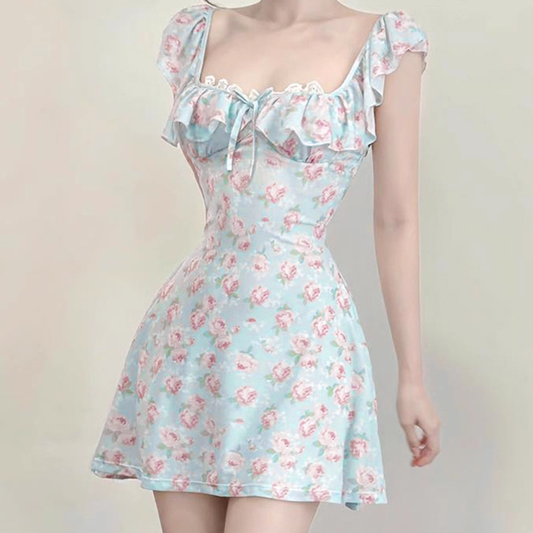Cute Light Blue Floral Square-neck A-Line Short Summer Dresses Party Dress Homecoming Dress DP6343