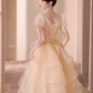 Elegant Champagne Sequin Tulle Evening Gown Sweetheart Sheer Cap Sleeves Prom Dress DP7716
