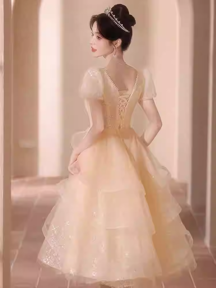 Elegant Champagne Sequin Tulle Evening Gown Sweetheart Sheer Cap Sleeves Prom Dress DP7716