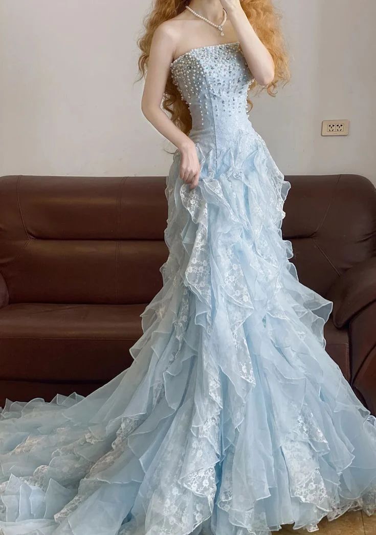Vintage Light Blue Strapless Mermaid Evening Gown Beaded Lace Ruffled Tulle Prom Dress DP7572