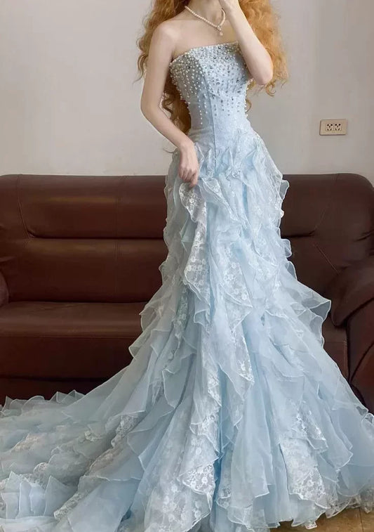 Glamorous Light Blue Strapless Mermaid Prom Dress Pearls Ruffle Tulle Lace Formal Evening Gown with Train DP8204