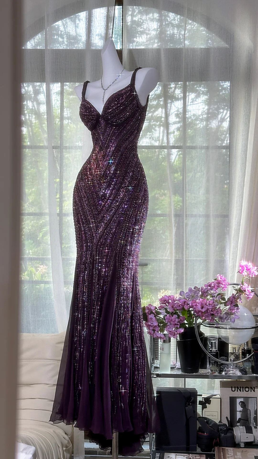 Gorgeous Purple Beaded Sequin V-neck Mermaid Elegant Chiffon Evening Dress Prom Dresses DP6147