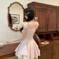 Cute Burgundy Ruffle Strap Bow Corset A-Line Lace Hem Homecoming Dress DP8764