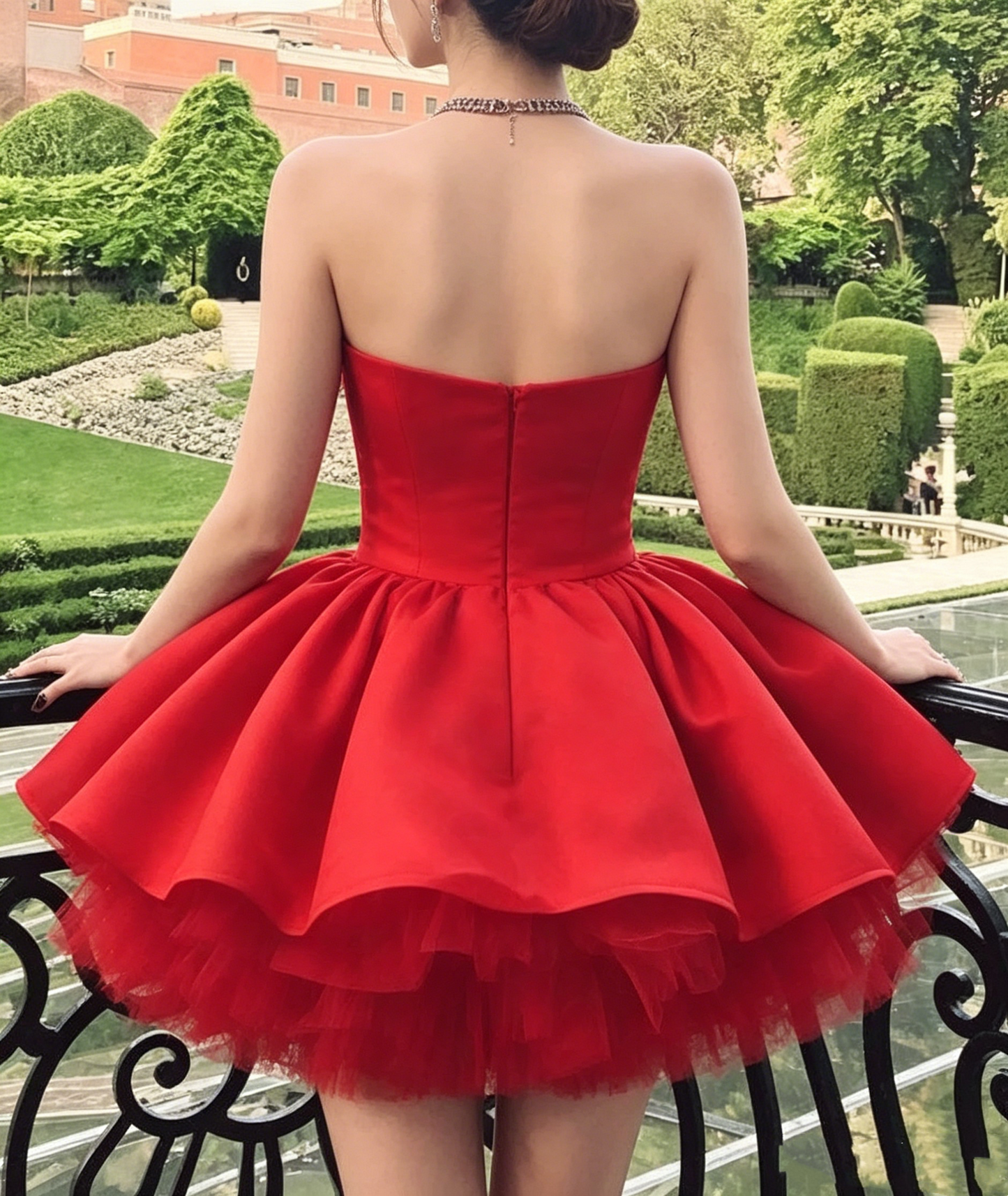 Vintage Red Strapless Sweetheart Tiered Tulle A-Line Homecoming Dress DP8519