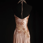 Glamorous Champagne Satin Halter-Neck Floral Embroidery Beaded Evening Gown DP7384