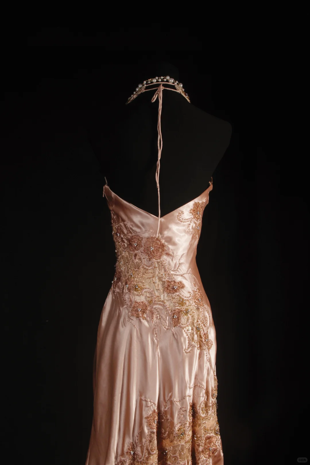 Glamorous Champagne Satin Halter-Neck Floral Embroidery Beaded Evening Gown DP7384