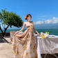 Robe trapèze sans manches à col en V et motif floral, élégante, idéale pour les vacances à la plage, DP6257