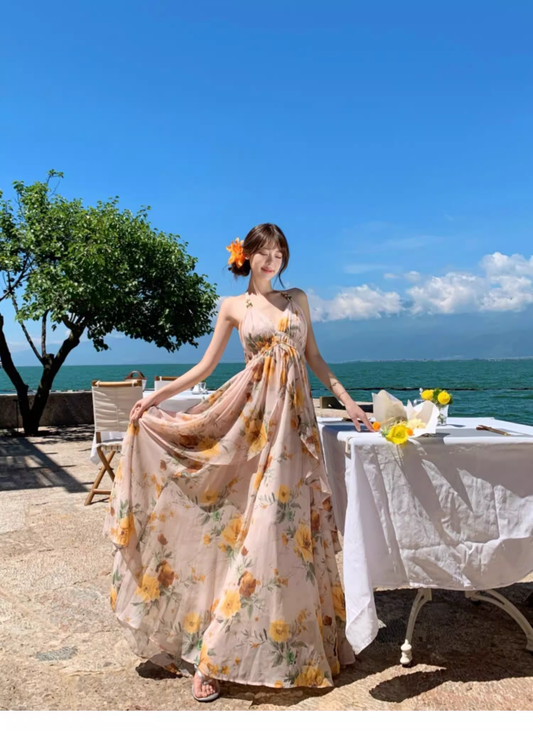 Neue Mode Floral V-ausschnitt Design Elegante Strand Urlaub A-linie Ärmelloses Neckholder Kleid DP6257