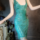 Vintage Blue-green Spaghetti Strap Sparkling Beaded Tassel Design Sheath Short Homecoming Dress DP6055