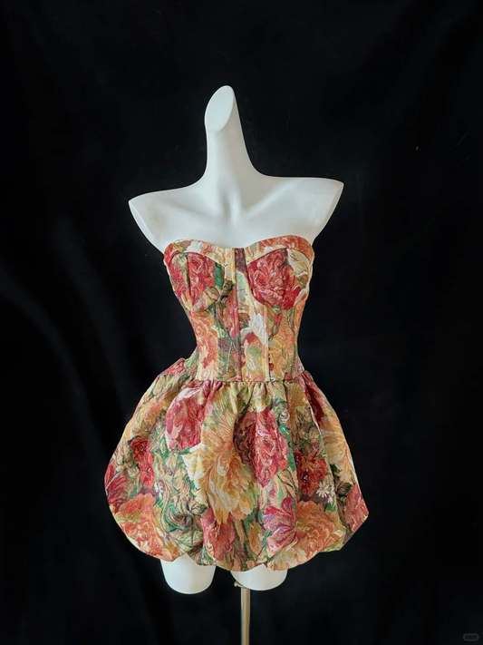 Vintage Colorful Floral Sweetheart Design Strapless Romantic A-line Short Homecoming Dress DP6053