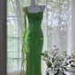 Vintage Shiny Sequin Green Spaghetti Strap Design A-line Romantic Chiffon Evening Dress Prom Dress DP6026