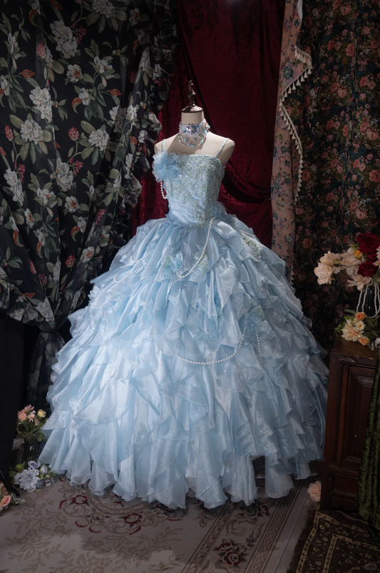 Glamorous Light Blue Spaghetti Strap Tiered Ruffles Ball Gown DP8344