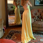 Elegant Pale Yellow Spaghetti Strap A-Line Satin Long Evening Gown DP8384