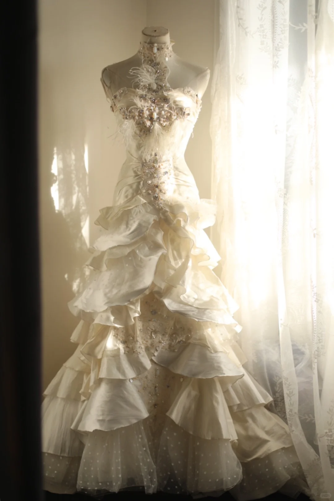 Elegant Ivory Tiered Ruffle Beaded Halter Neck A-Line Formal Wedding Dress DP7657