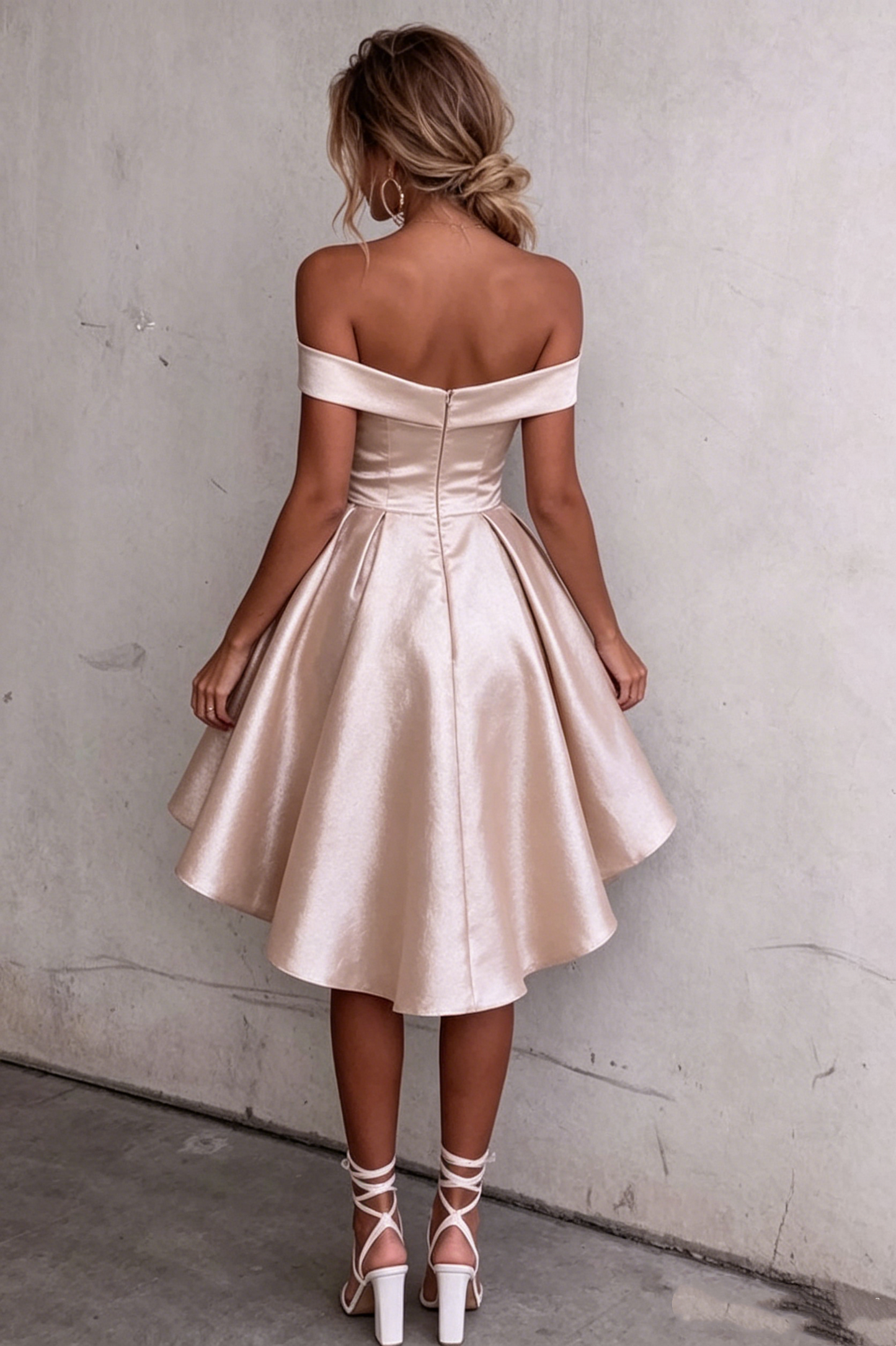 Vintage Champagne Off-the-Shoulder Satin A-Line Homecoming Dress DP8516
