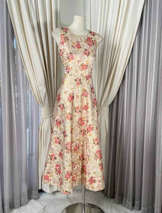 Vintage Rose Jacquard Sleeveless Midi A-Line Evening Dress DP8374