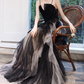 Elegant Black Ombre Tulle Spaghetti Straps Lace Appliques A‑Line Long Evening Gown DP8825