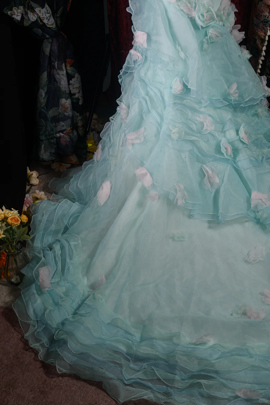 Elegant Mint Green Ruffled Tulle 3D Floral Sweet 16 Quinceanera Ball Gown  DP7414
