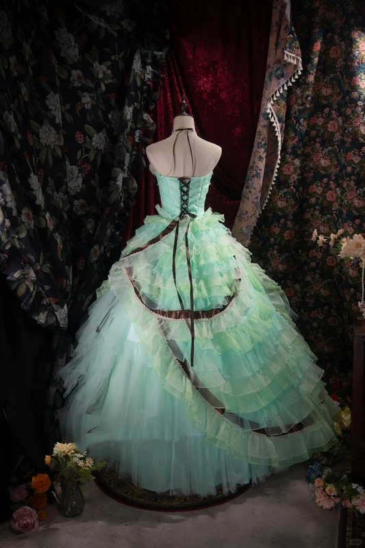 Glamorous Mint Green Strapless Tiered Ruffle Tulle Ball Gown DP8341