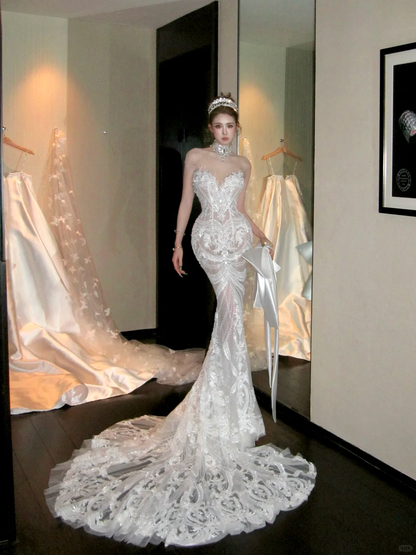 Elegantes glitzerndes Perlen-Pailletten-Applikation-Herzausschnitt-Meerjungfrau-Brautkleid-Abschlussballkleid-Abendkleid DP6252