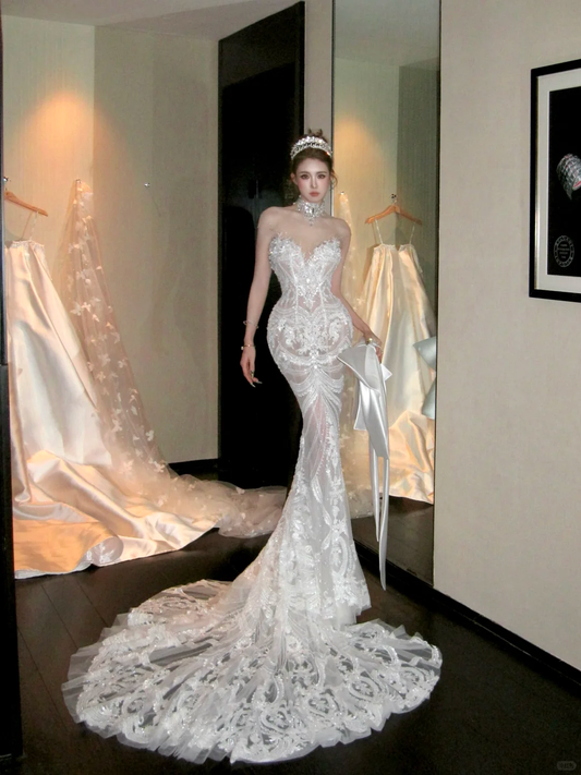 Elegantes glitzerndes Perlen-Pailletten-Applikation-Herzausschnitt-Meerjungfrau-Brautkleid-Abschlussballkleid-Abendkleid DP6252