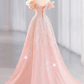 Pink Off Shoulder A-Line Tulle Appliques Long Formal Party Dress, DP4708
