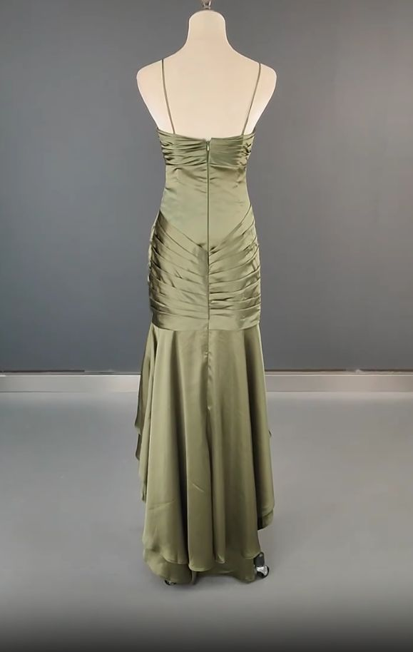 Retro Glam Olive Green Satin Mermaid Prom Dress Spaghetti Strap Ruffled Evening Gown DP7911