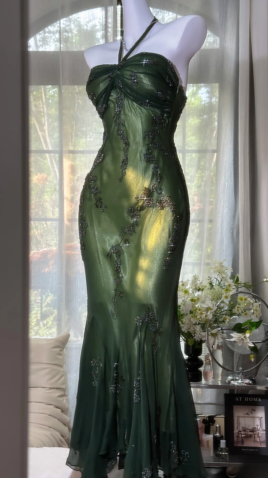 Glamorous Dark Green Halter Neck Mermaid Embroidery Evening Gown Beaded Chiffon Formal Dress DP7083