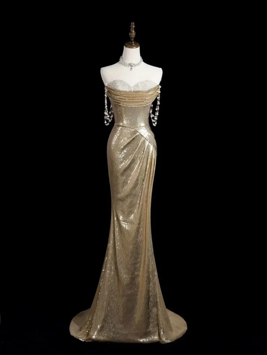 Champagne Gold Off Shoulder Mermaid Sequins Long Evening Party Dresses, DP5512