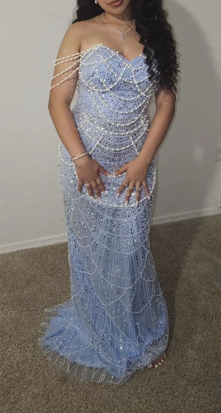 Elegant Light Blue Sweetheart Mermaid Strapless Draped Pearl Chain Sparkly Bedaed Tulle Train Prom Dress DP8657