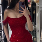 Red off Shoulder Shiny Mermaid Long Party Dress Birthday Outfits DP3964