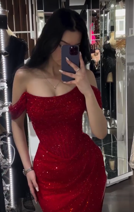 Red off Shoulder Shiny Mermaid Long Party Dress Birthday Outfits DP3964