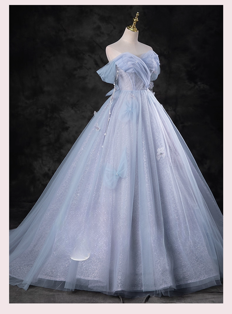 Elegant Sky Blue Applique Sweet 16 Quinceanera A-Line Sweetheart off-the shoulder Evening Dress Tulle Floor Length Ball Gown DP6920
