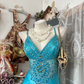 Vintage Turquoise Satin Mermaid Evening Dress Beaded High Slit Prom Dress DP8326