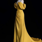 Elegant Golden Off‑the‑Shoulder Satin High Slit A-Line Prom Dress DP8779