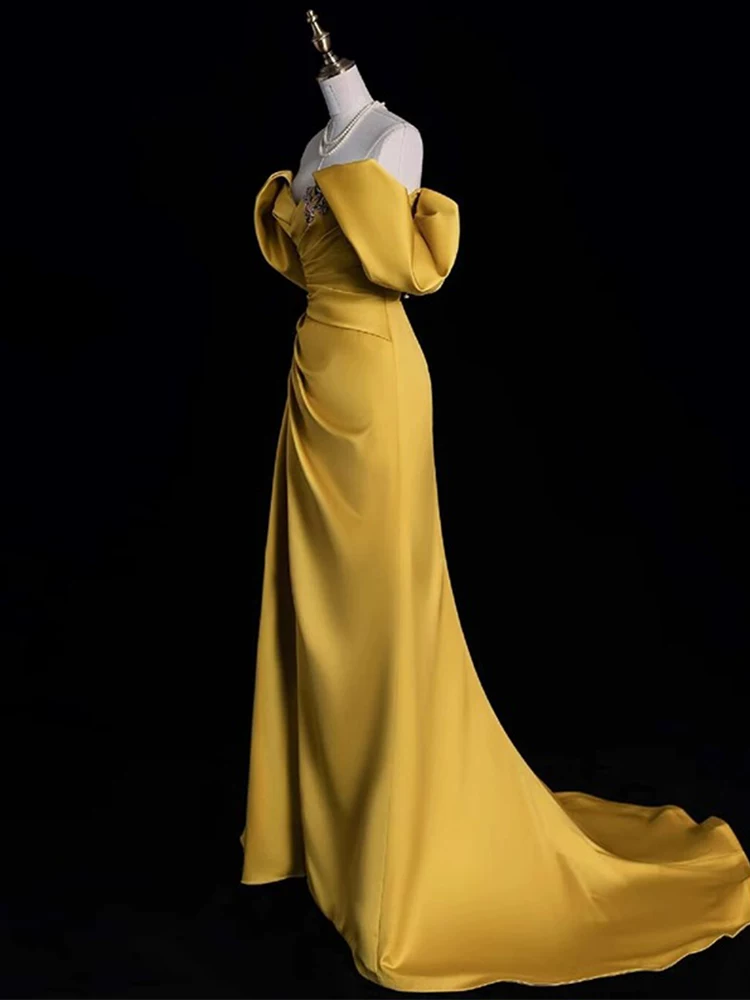 Elegant Golden Off‑the‑Shoulder Satin High Slit A-Line Prom Dress DP8779