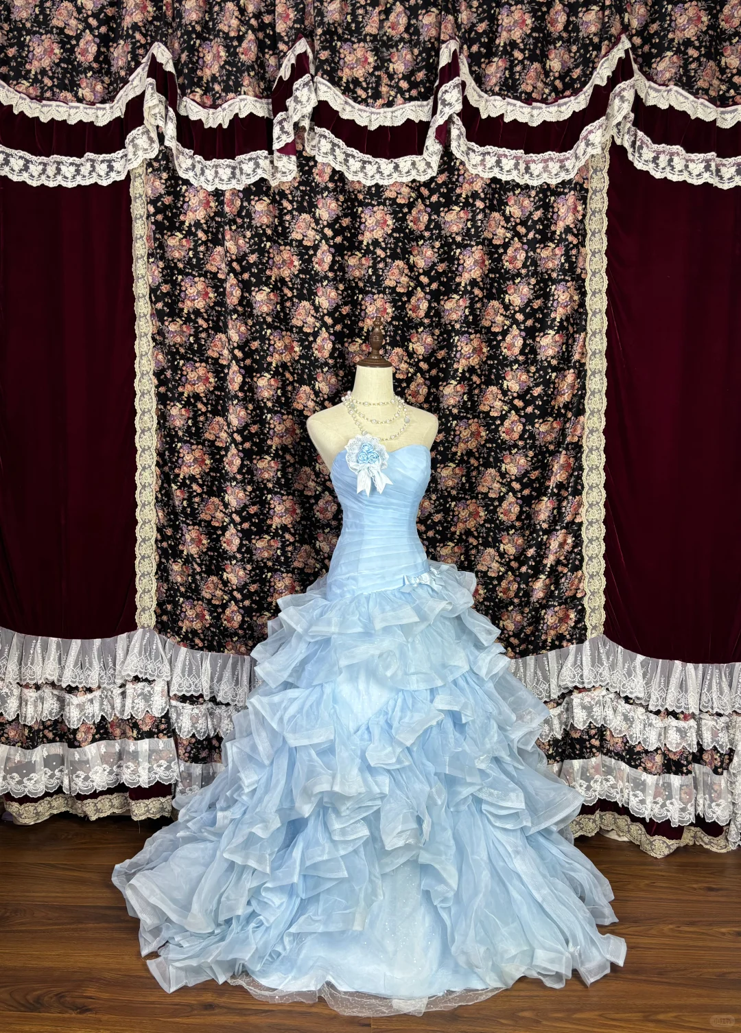 Vintage Light Blue Strapless Ruffled Tiered Floral A-Line Quinceañera Ball Gown DP7062