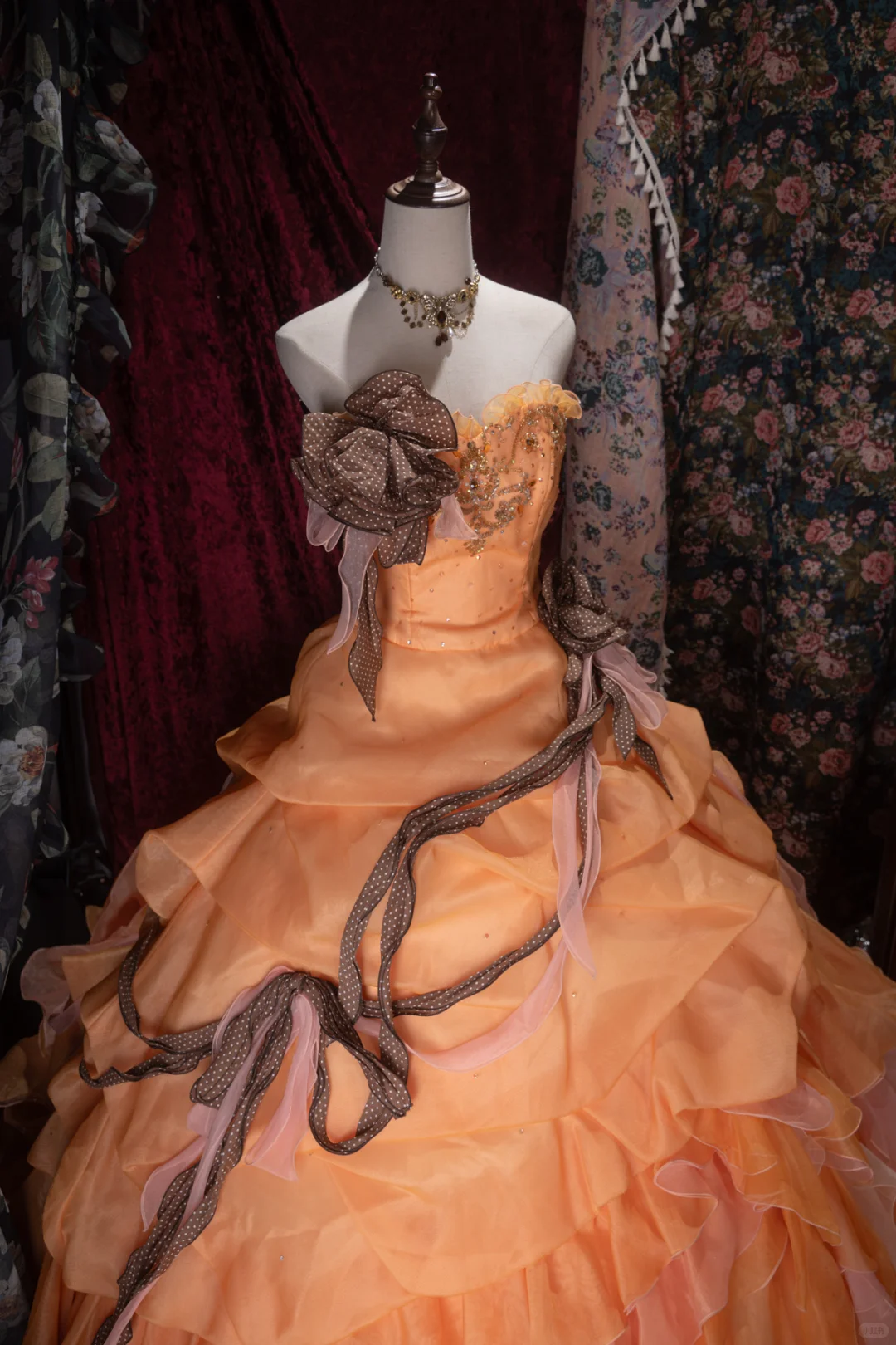 Glamorous Orange Off-the-Shoulder Beaded Ruffled Tulle Ball Gown DP8350