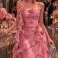 Robe de soirée glamour rose à fleurs 3D coupe trapèze à volants étagés et fines bretelles DP8405