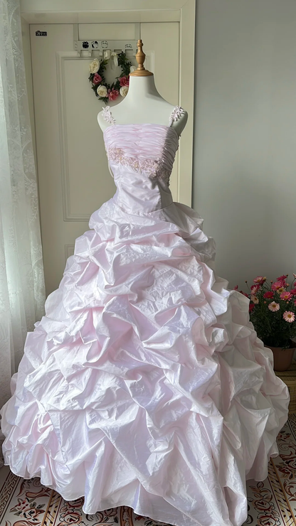 Chic Light Pink Ruffled Tulle Embroidered Spaghetti Strap Sweet 16 Quinceanera Ball Gown DP7365