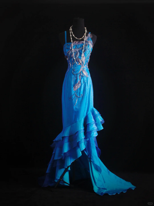 Vintage Blue Mermaid Spaghetti Straps Sequin Beaded Embroidery Evening Gown DP7375